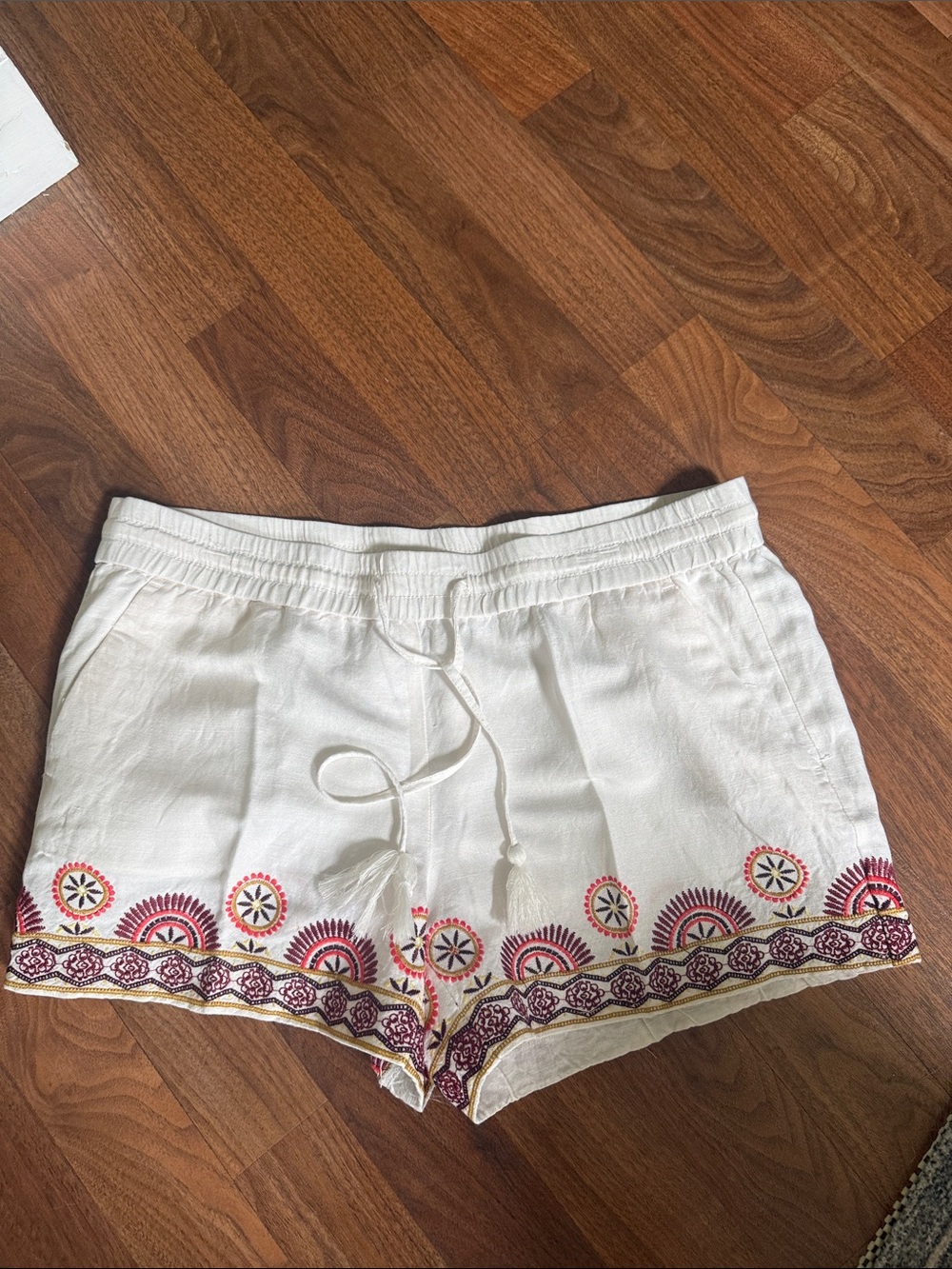LOFT Cream Linen Shorts with Red and Gold Embroidery
